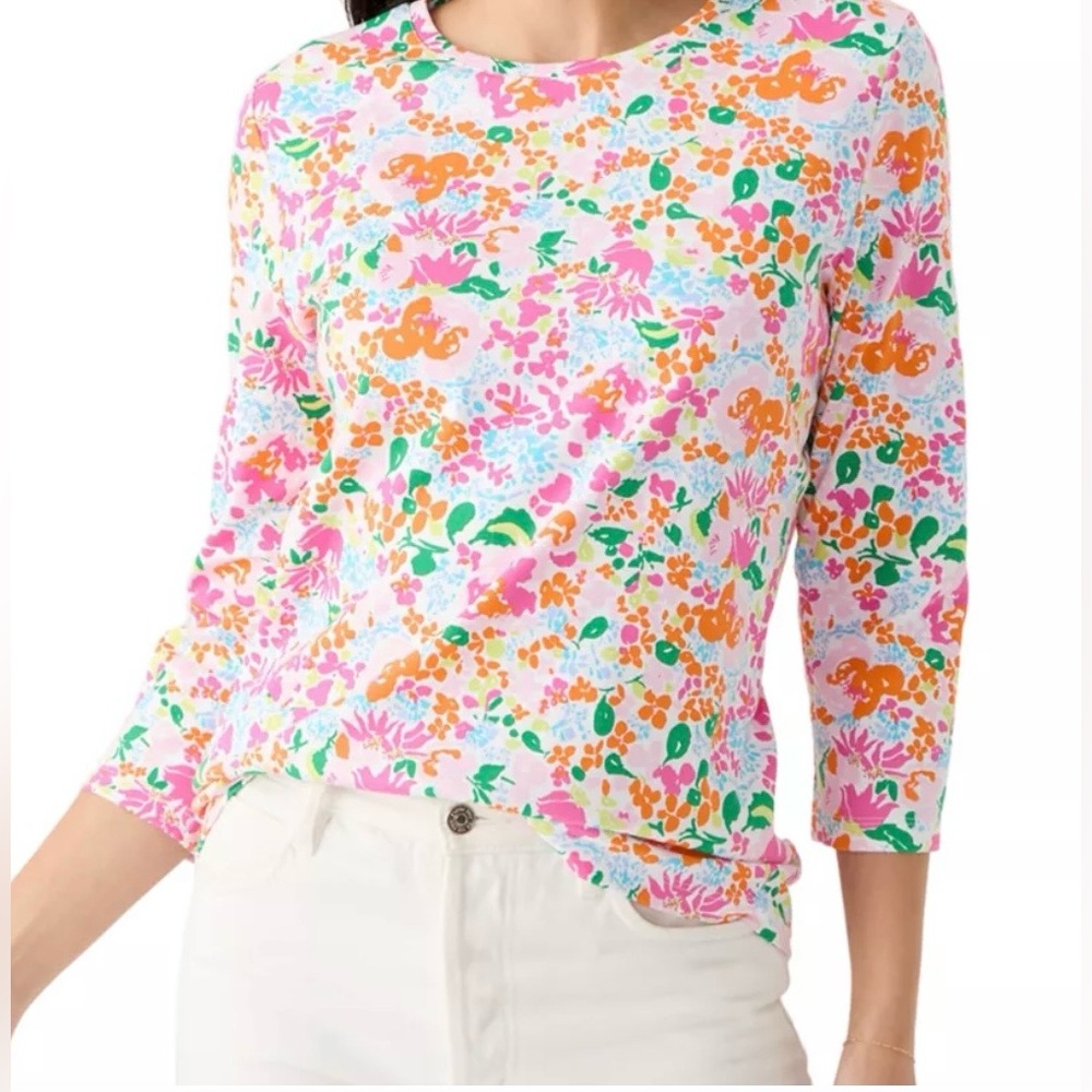 Kim Rogers Women's 3/4 Sleeve Scenic Print T-Shirt in Multi-floral Garden